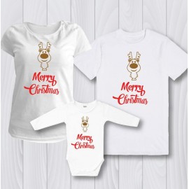 Семеен комплект кафяв Елен с надпис Merry Christmas