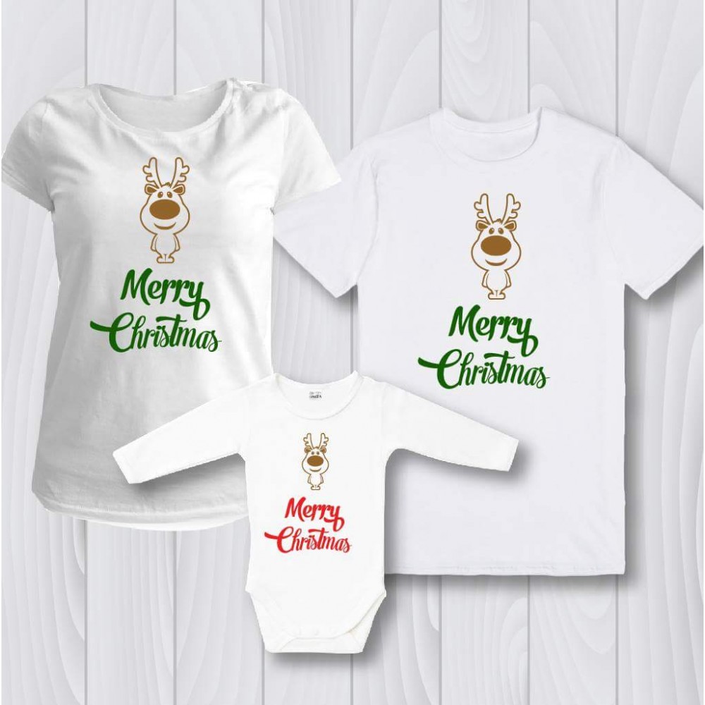 Семеен комплект кафяв Елен с надпис Merry Christmas
