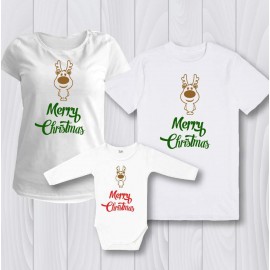 Семеен комплект кафяв Елен с надпис Merry Christmas